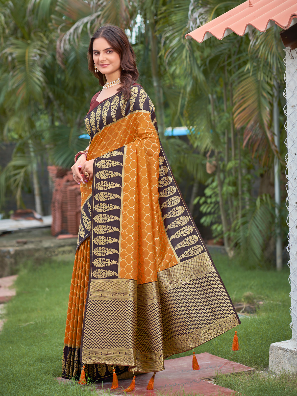 Mustard Yellow & Dark Wine Woven Jacquard Silk Saree with Blouse Piece