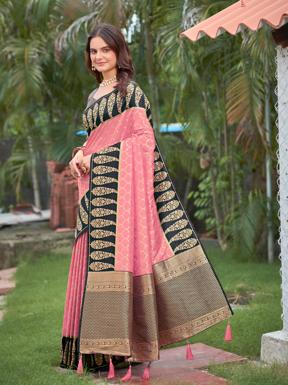 Baby Pink & Charcoal Grey Woven Jacquard Silk Saree with Blouse Piece