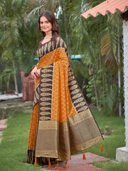 Vibrant Mustard Yellow Jacquard Silk Saree with Dark Brown Zari Paisley Woven Border & Blouse Piece