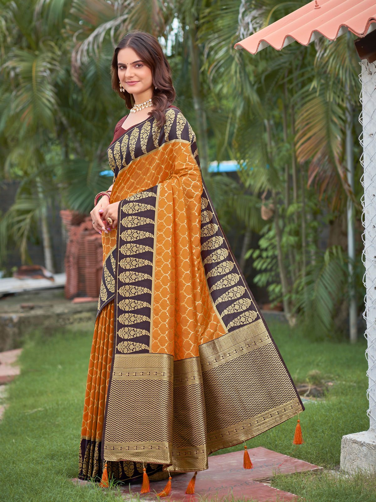 Vibrant Mustard Yellow Jacquard Silk Saree with Dark Brown Zari Paisley Woven Border & Blouse Piece