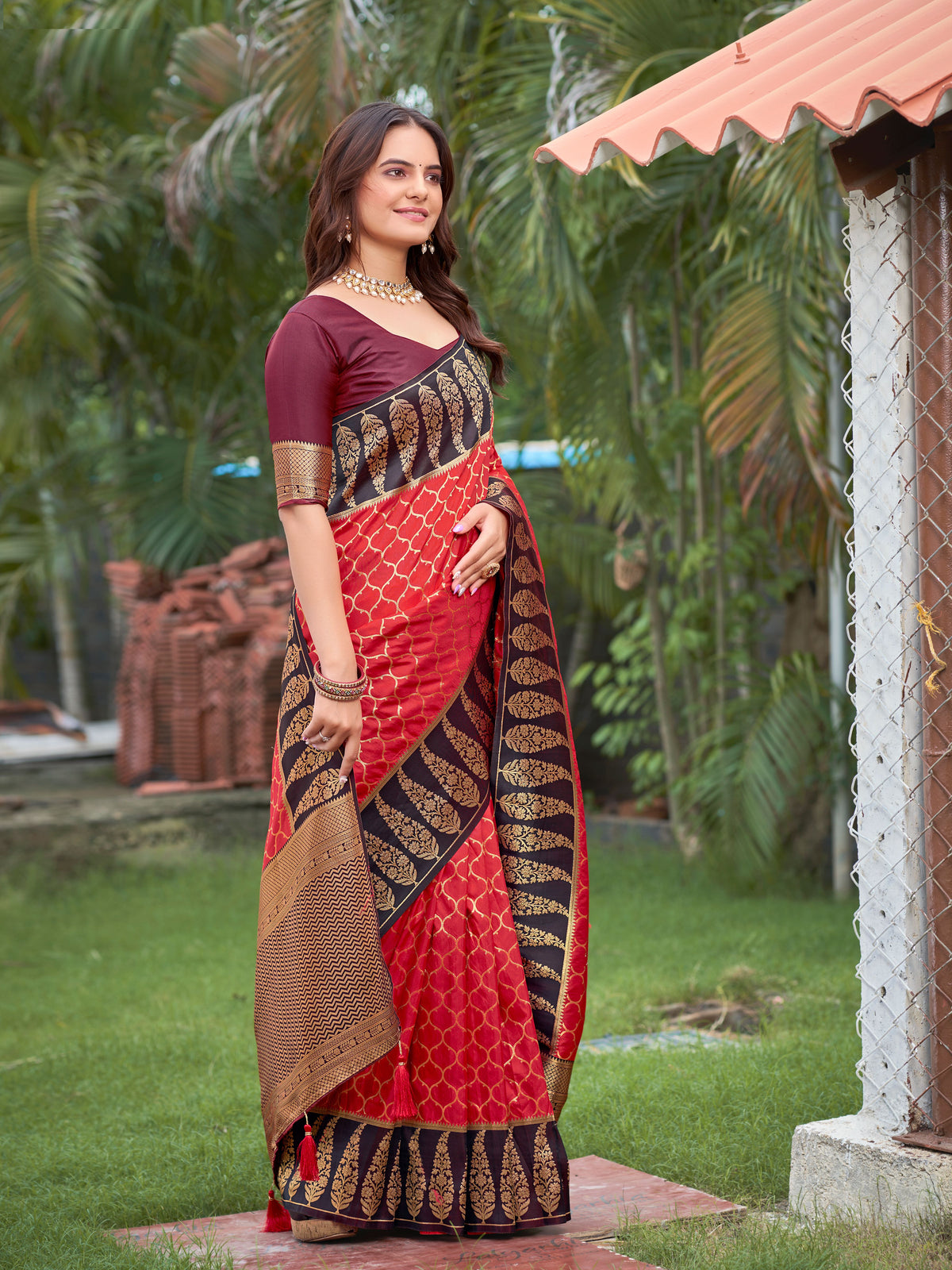 Crimson Red & Dark Wine Woven Jacquard Silk Saree with Blouse Piece