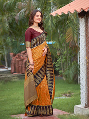 Vibrant Mustard Yellow Jacquard Silk Saree with Dark Brown Zari Paisley Woven Border & Blouse Piece