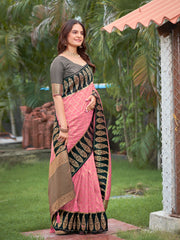 Baby Pink & Charcoal Grey Woven Jacquard Silk Saree with Blouse Piece