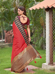 Crimson Red & Dark Wine Woven Jacquard Silk Saree with Blouse Piece