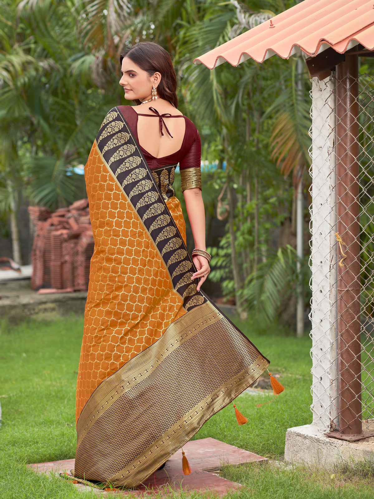 Vibrant Mustard Yellow Jacquard Silk Saree with Dark Brown Zari Paisley Woven Border & Blouse Piece