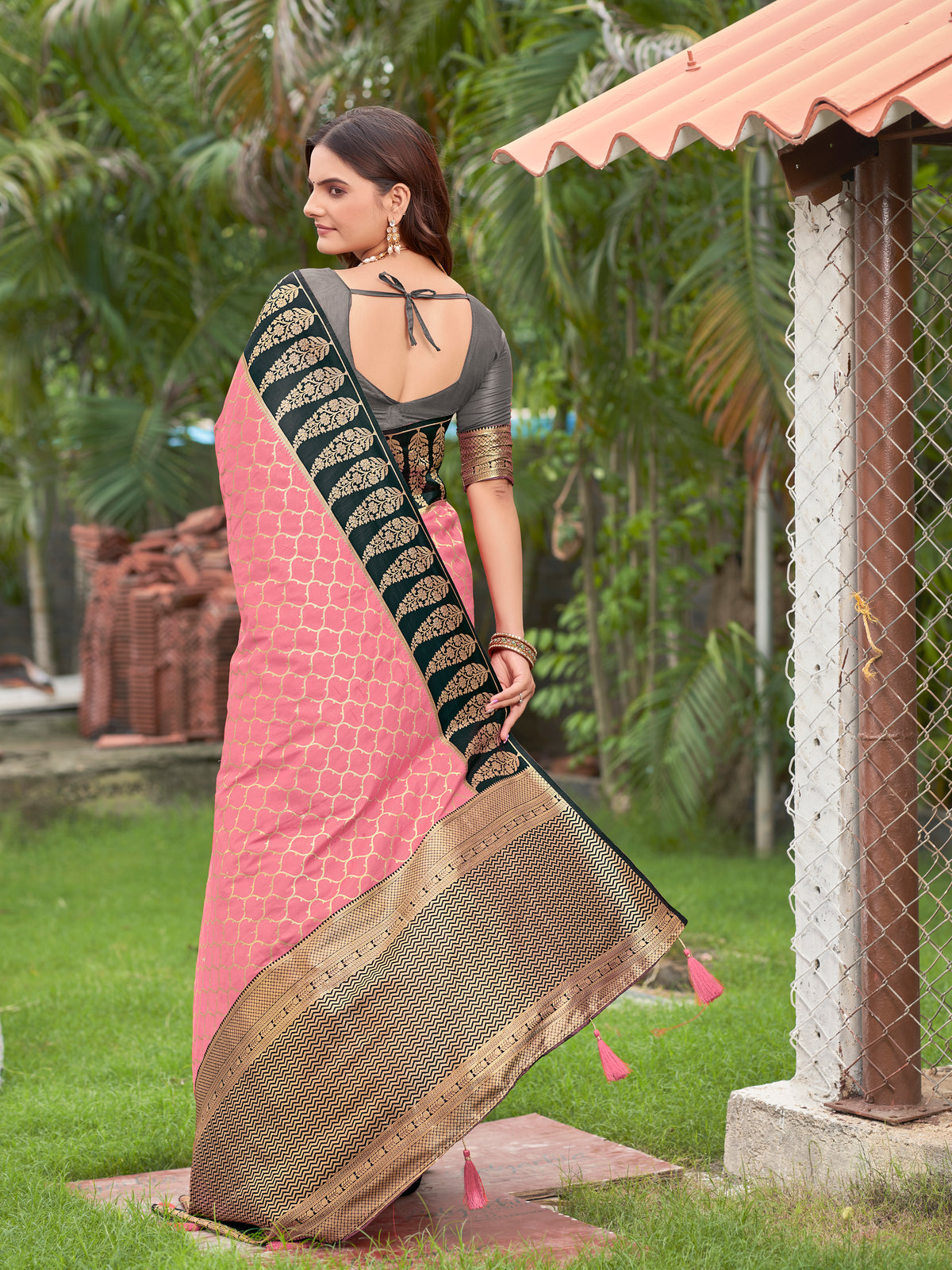 Baby Pink & Charcoal Grey Woven Jacquard Silk Saree with Blouse Piece