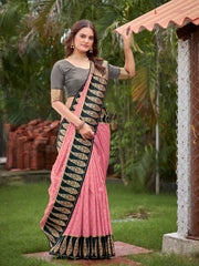 Baby Pink & Charcoal Grey Woven Jacquard Silk Saree with Blouse Piece
