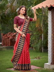 Crimson Red & Dark Wine Woven Jacquard Silk Saree with Blouse Piece
