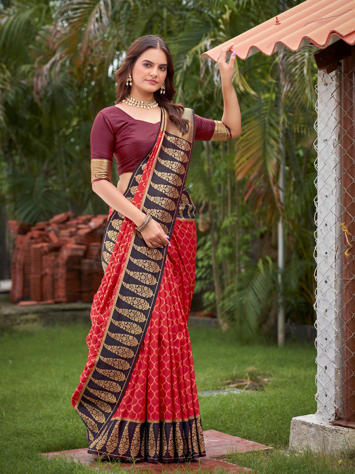 Crimson Red & Dark Wine Woven Jacquard Silk Saree with Blouse Piece