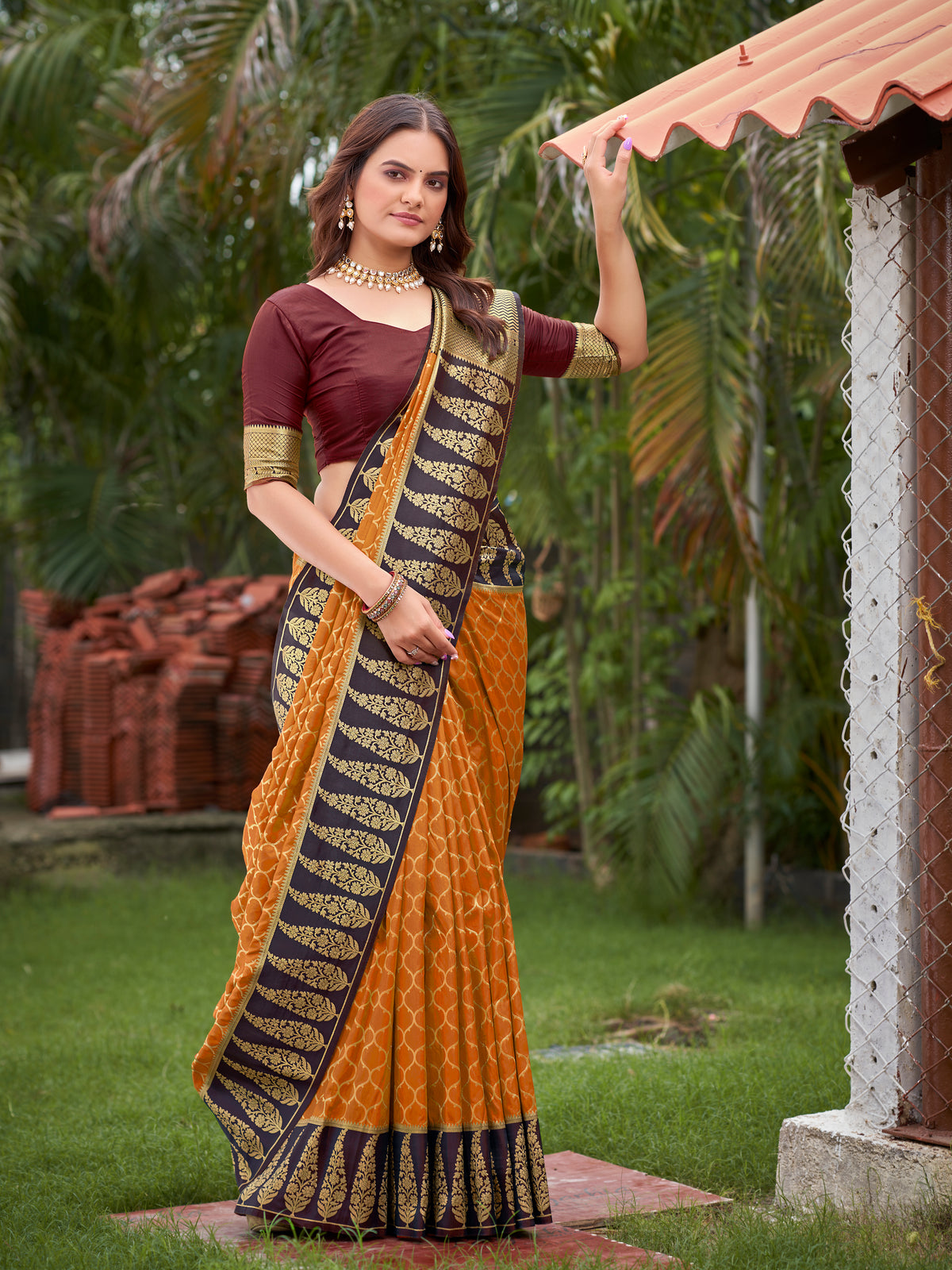 Mustard Yellow & Dark Wine Woven Jacquard Silk Saree with Blouse Piece