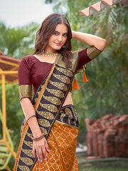 Vibrant Mustard Yellow Jacquard Silk Saree with Dark Brown Zari Paisley Woven Border & Blouse Piece
