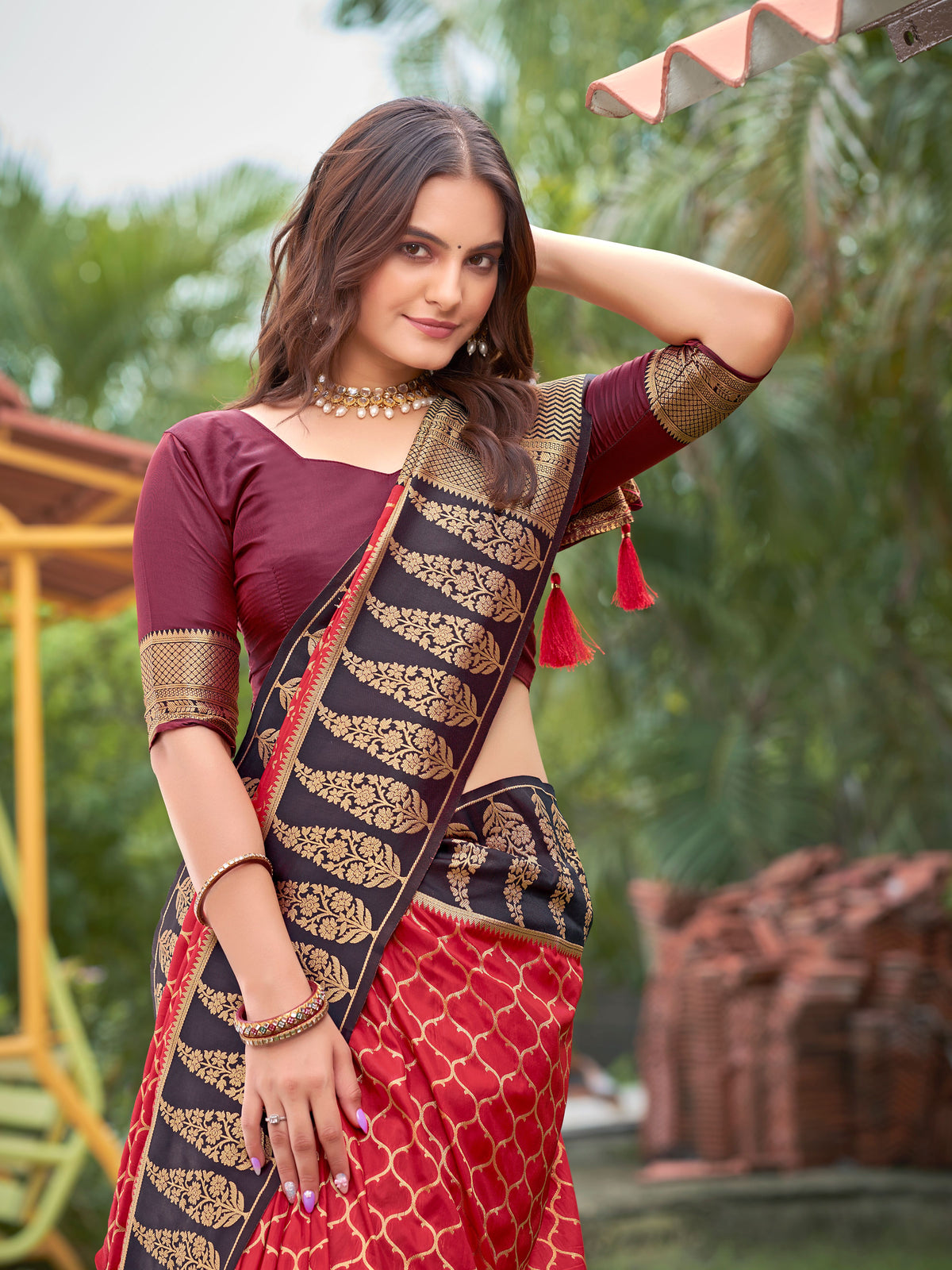 Crimson Red & Dark Wine Woven Jacquard Silk Saree with Blouse Piece