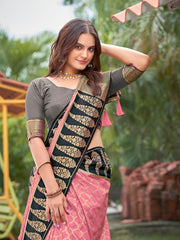 Elegant Pink & Black Jacquard Silk Saree with Zari Woven Paisley Border & Blouse Piece