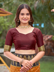 Mustard Yellow & Dark Wine Woven Jacquard Silk Saree with Blouse Piece