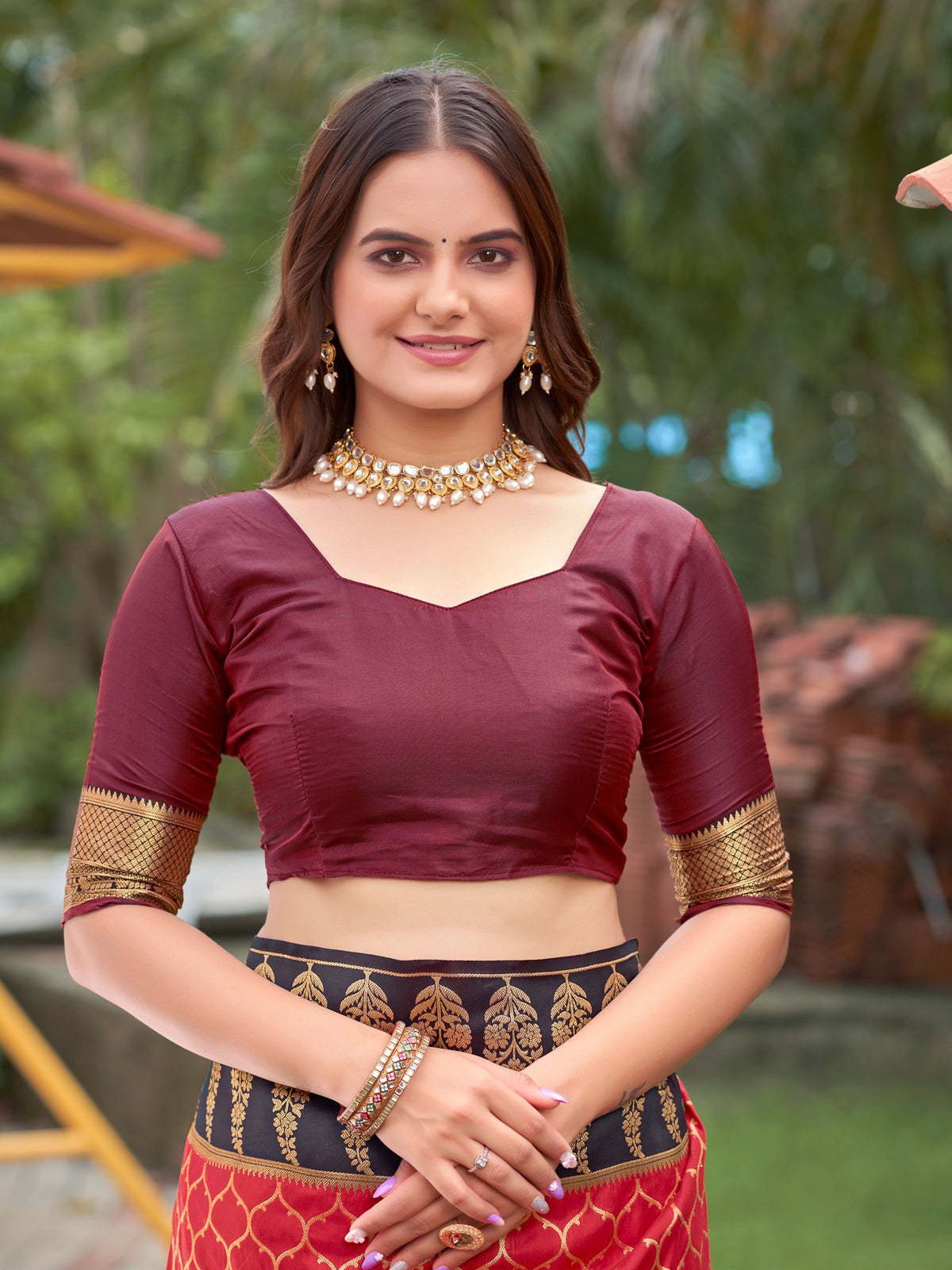Crimson Red & Dark Wine Woven Jacquard Silk Saree with Blouse Piece