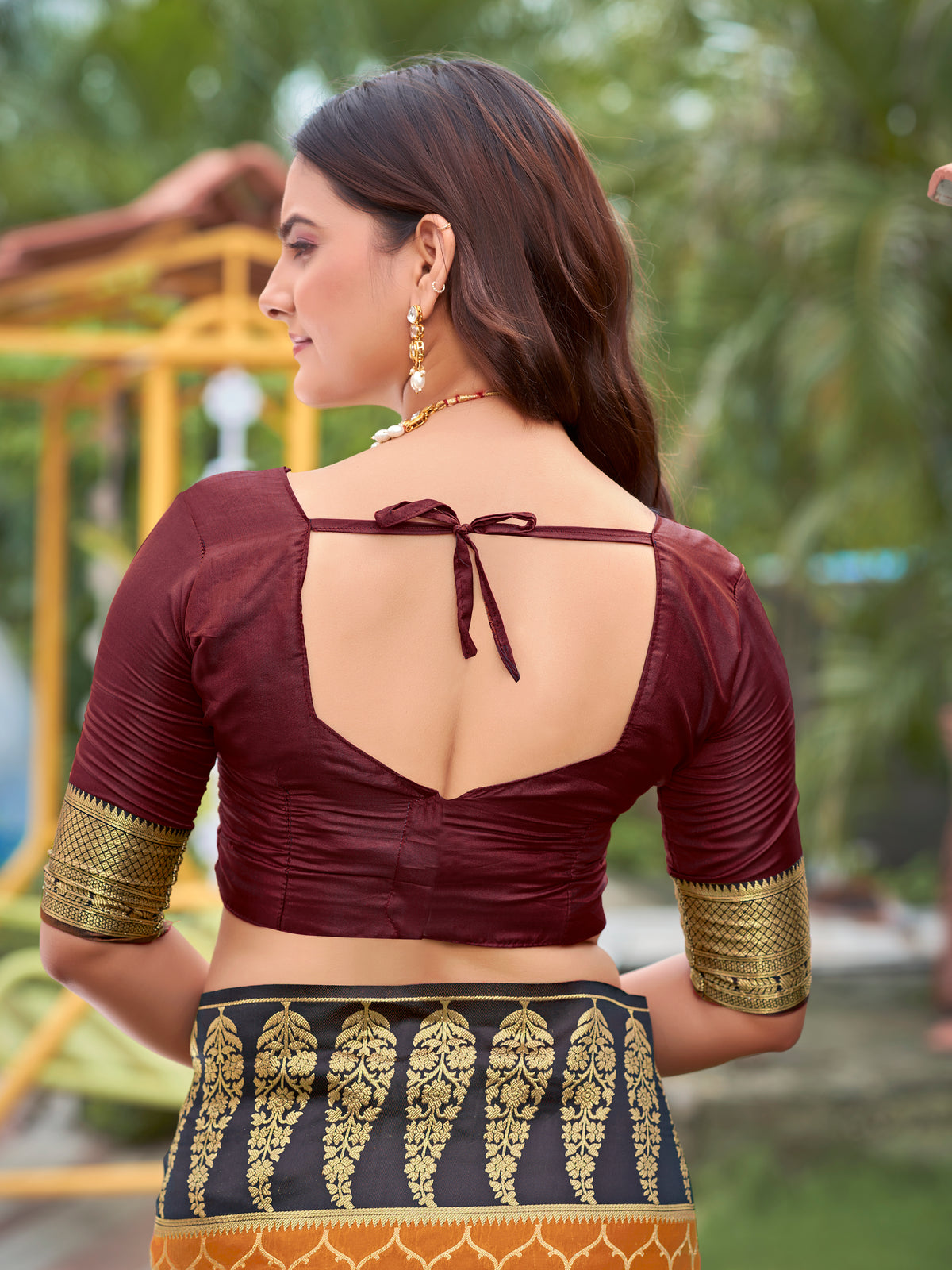 Mustard Yellow & Dark Wine Woven Jacquard Silk Saree with Blouse Piece