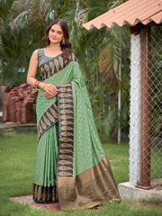 Sea Green & Charcoal Grey Woven Jacquard Silk Saree with Blouse Piece