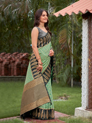 Sea Green & Charcoal Grey Woven Jacquard Silk Saree with Blouse Piece