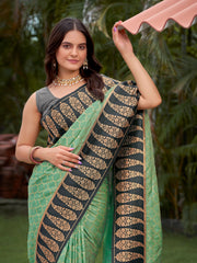 Sea Green & Charcoal Grey Woven Jacquard Silk Saree with Blouse Piece