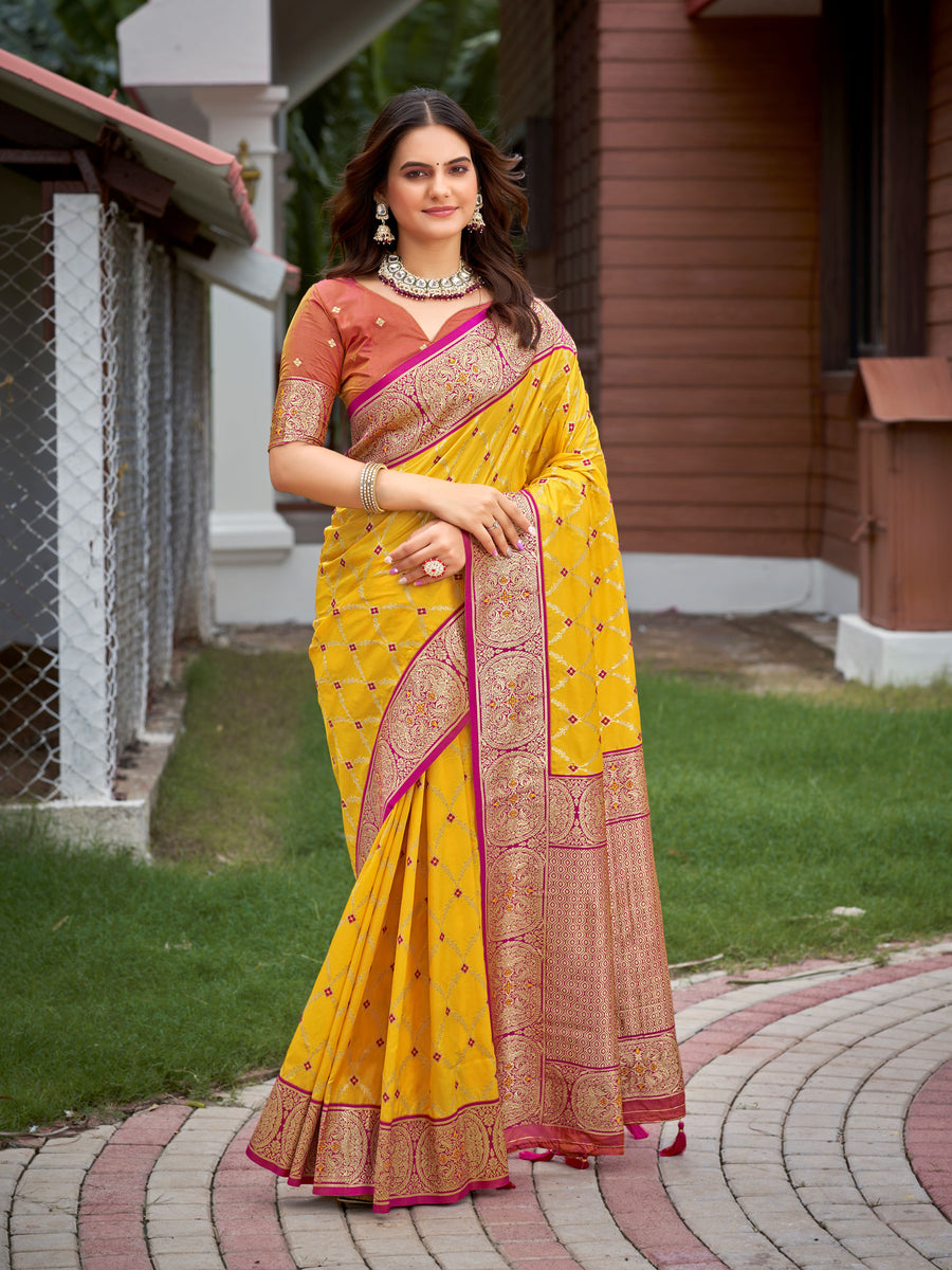 Bright Yellow & Magenta Pink Woven Jacquard Silk Saree with Blouse Piece