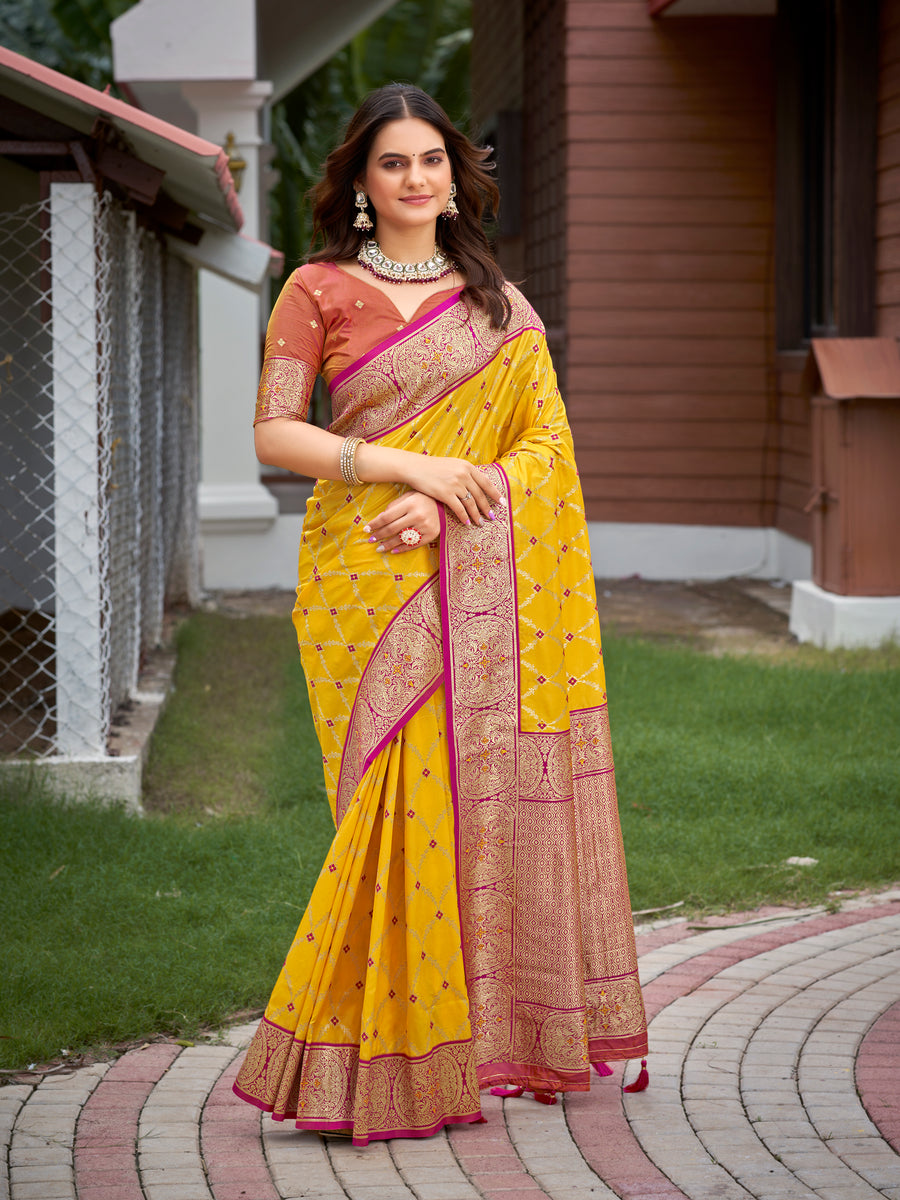 Mustard Yellow & Rani Pink Woven Jacquard Silk Saree with Blouse Piece