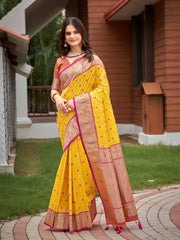 Bright Yellow & Magenta Pink Woven Jacquard Silk Saree with Blouse Piece