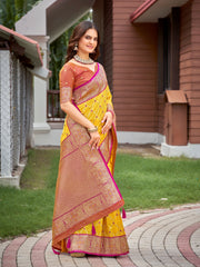 Bright Yellow & Magenta Pink Woven Jacquard Silk Saree with Blouse Piece
