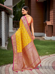 Bright Yellow & Magenta Pink Woven Jacquard Silk Saree with Blouse Piece