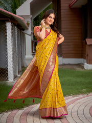 Mustard Yellow & Rani Pink Woven Jacquard Silk Saree with Blouse Piece