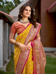 Bright Yellow & Magenta Pink Woven Jacquard Silk Saree with Blouse Piece