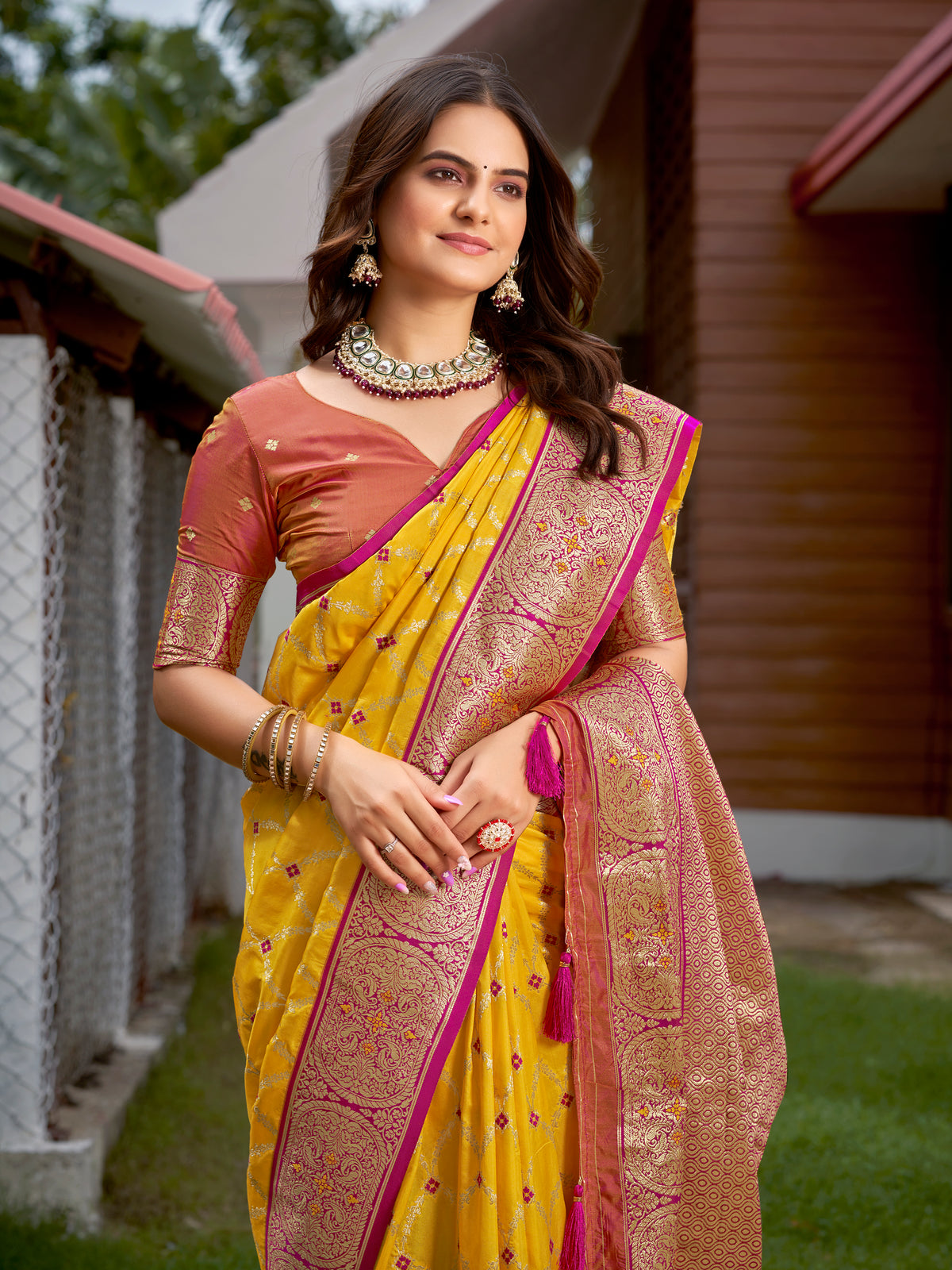 Mustard Yellow & Rani Pink Woven Jacquard Silk Saree with Blouse Piece