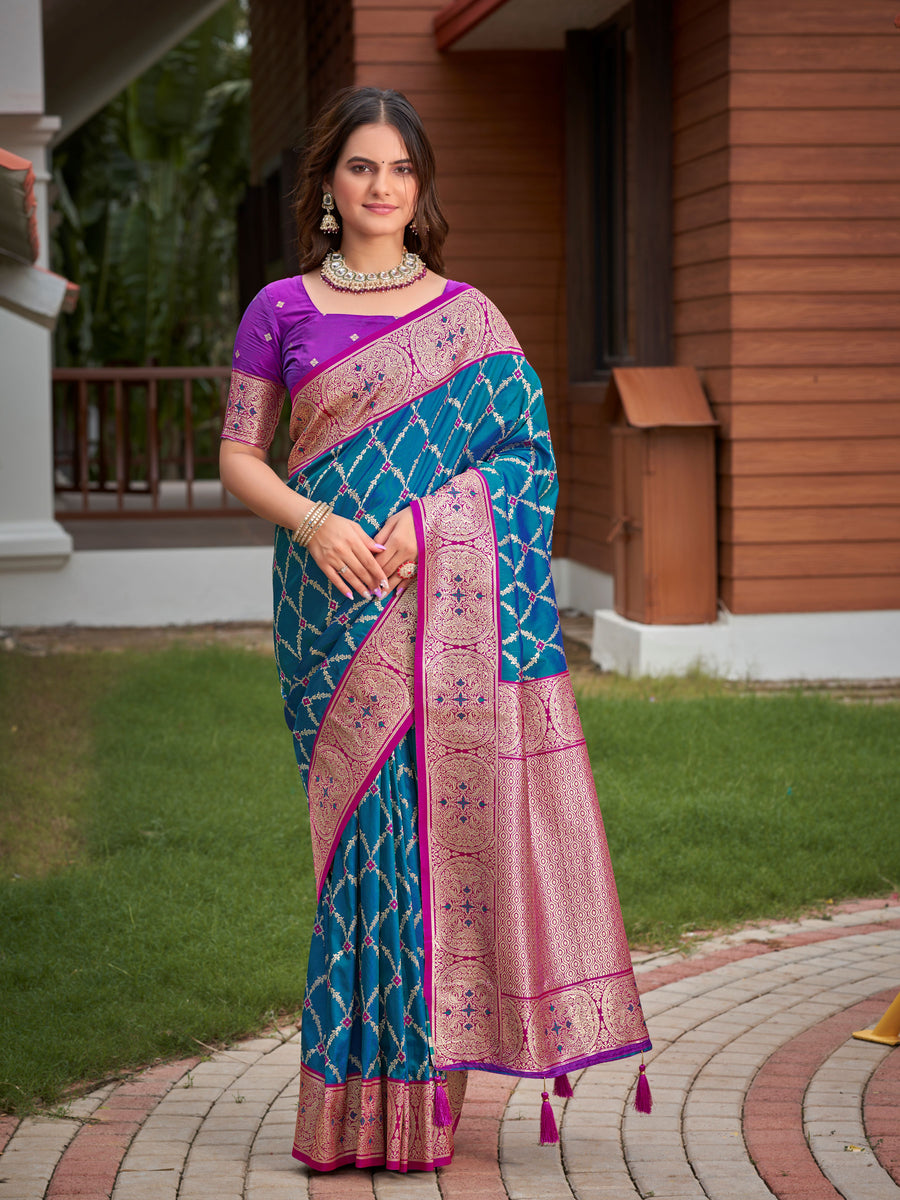 Peacock Blue & Purple Pink Woven Jacquard Silk Saree with Blouse Piece