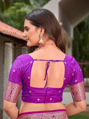 Peacock Blue & Purple Pink Woven Jacquard Silk Saree with Blouse Piece