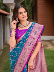 Peacock Blue & Purple Pink Woven Jacquard Silk Saree with Blouse Piece