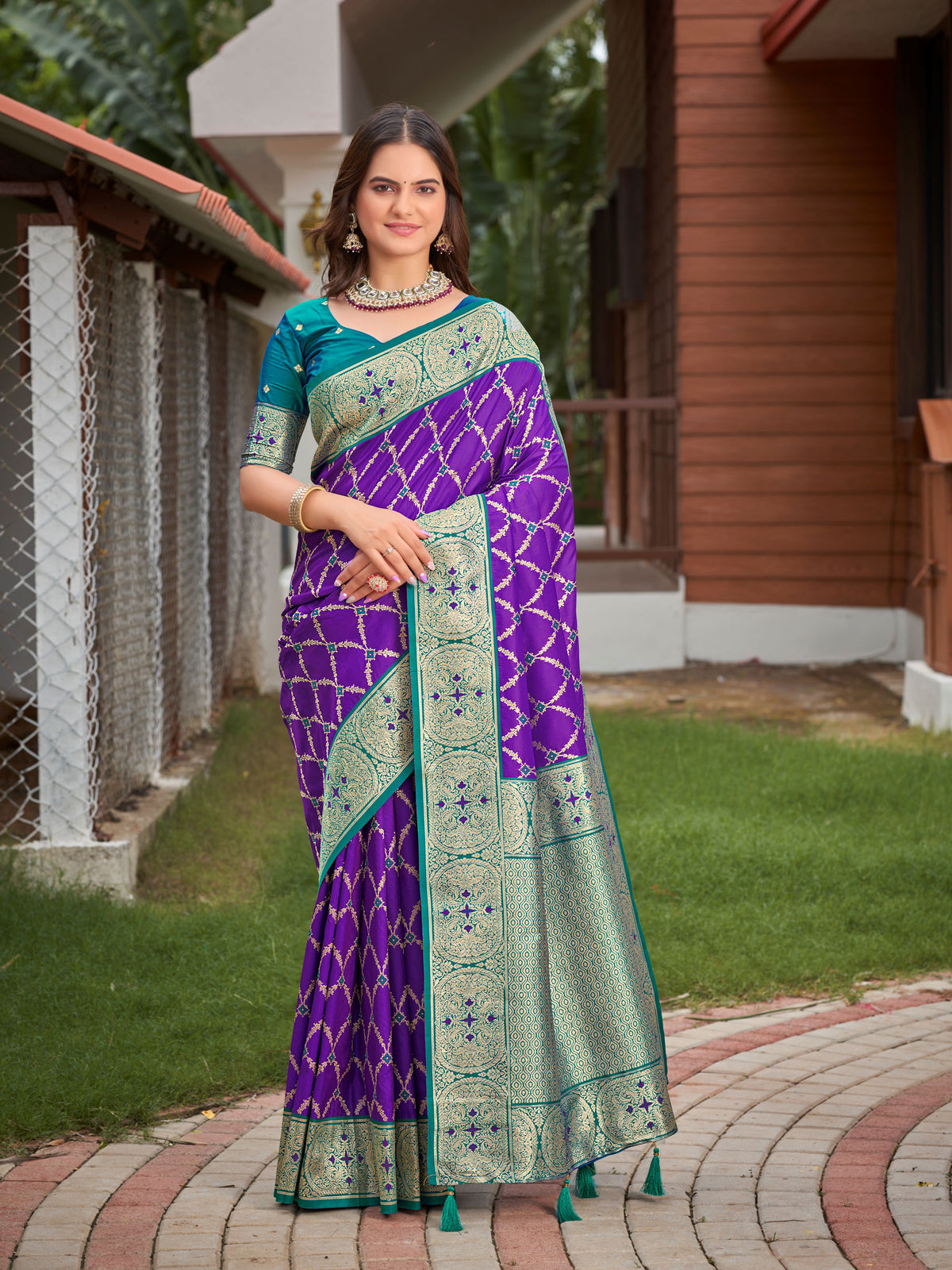 Royal Purple & Peacock Green Woven Jacquard Silk Saree with Blouse Piece