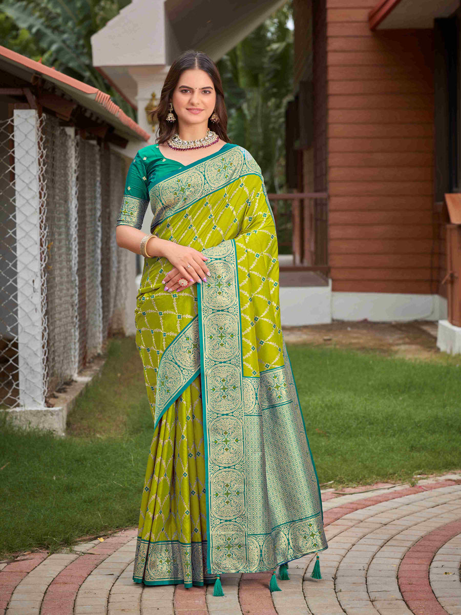 Lime Green & Peacock Teal Blue Woven Jacquard Silk Saree with Blouse Piece