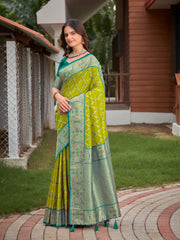 Lime Green & Peacock Teal Blue Woven Jacquard Silk Saree with Blouse Piece