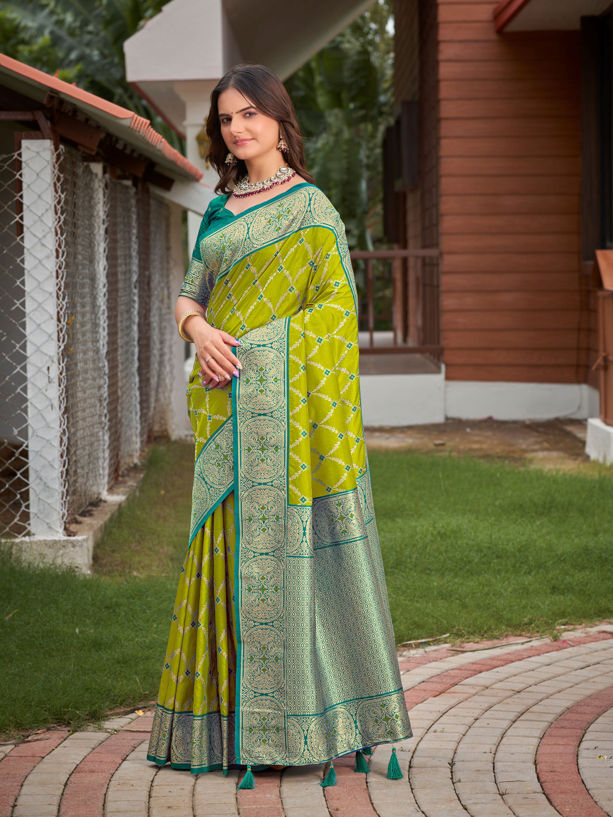 Olive Green & Peacock Green Woven Jacquard Silk Saree with Blouse Piece