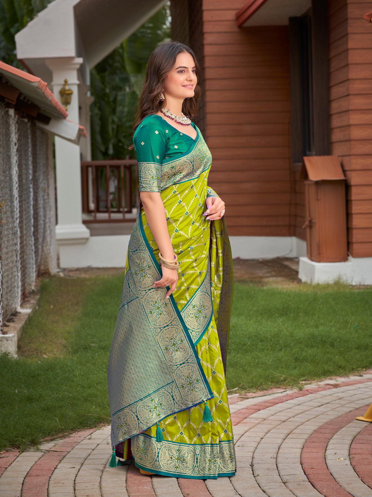 Lime Green & Peacock Teal Blue Woven Jacquard Silk Saree with Blouse Piece