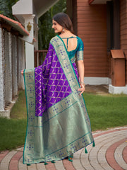 Royal Purple & Peacock Green Woven Jacquard Silk Saree with Blouse Piece