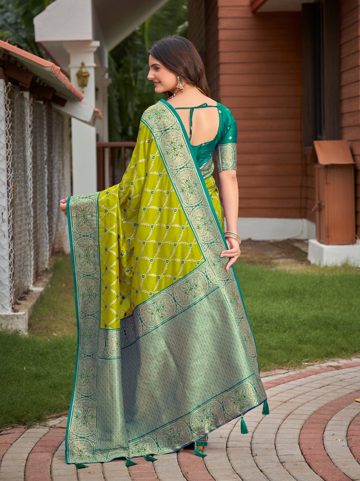 Lime Green & Peacock Teal Blue Woven Jacquard Silk Saree with Blouse Piece