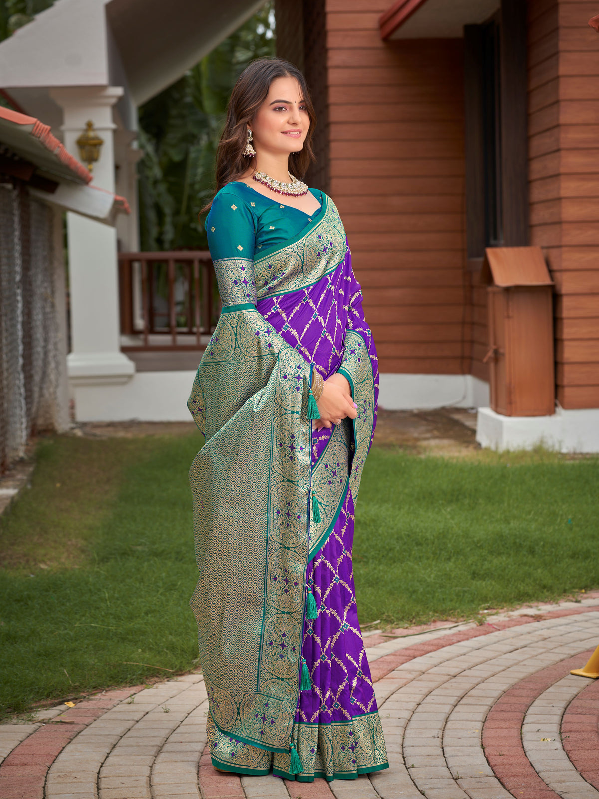 Royal Purple & Peacock Green Woven Jacquard Silk Saree with Blouse Piece