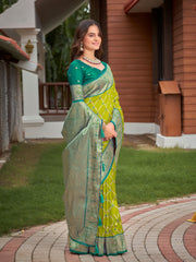 Olive Green & Peacock Green Woven Jacquard Silk Saree with Blouse Piece