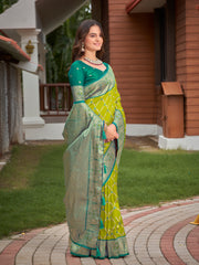 Lime Green & Peacock Teal Blue Woven Jacquard Silk Saree with Blouse Piece