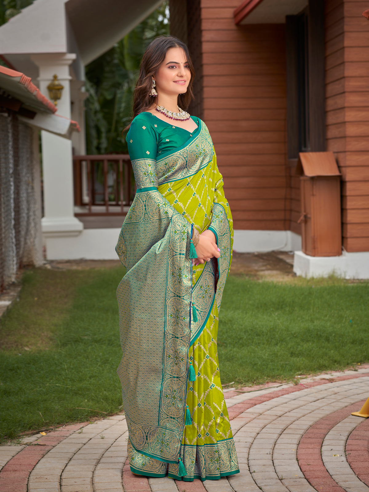 Lime Green & Peacock Teal Blue Woven Jacquard Silk Saree with Blouse Piece