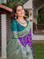 Royal Purple & Peacock Green Woven Jacquard Silk Saree with Blouse Piece