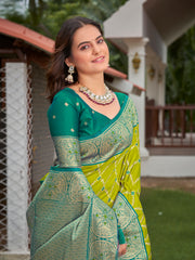 Lime Green & Peacock Teal Blue Woven Jacquard Silk Saree with Blouse Piece