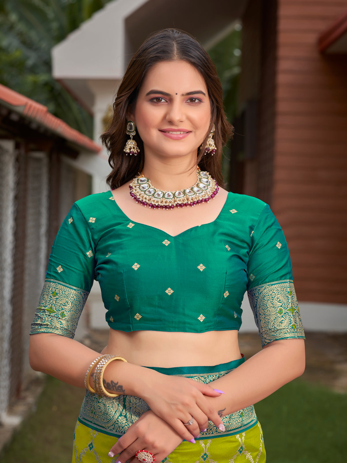 Lime Green & Peacock Teal Blue Woven Jacquard Silk Saree with Blouse Piece