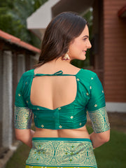 Lime Green & Peacock Teal Blue Woven Jacquard Silk Saree with Blouse Piece