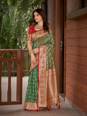 Olive Green & Maroon Red Woven Jacquard Silk Saree with Blouse Piece